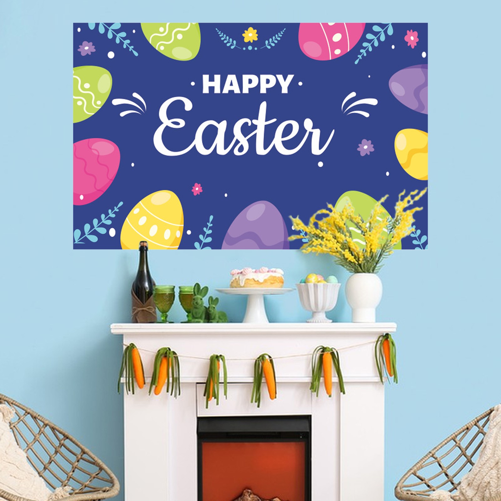 Qinghuai Easter Party Decorations Large Fabric Easter Egg Bunny Hunt Background Banner and Chick Sign Easter Hunt Game Banner Poster Photo Booth Backdrop with Rope for Spring Easter Party Supplies